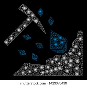 Bright mesh Ethereum mining hammer with glare effect. Abstract illuminated model of Ethereum mining hammer icon. Shiny wire carcass polygonal mesh Ethereum mining hammer.