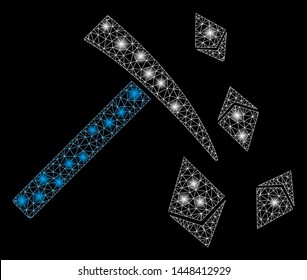 Bright mesh Ethereum mining hammer with glare effect. Abstract illuminated model of Ethereum mining hammer icon. Shiny wire frame polygonal mesh Ethereum mining hammer.