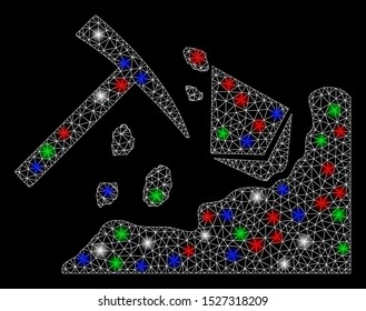 Bright mesh Ethereum mining hammer with glare effect. White wire carcass polygonal network in vector format on a black background. Abstract 2d mesh designed with triangular lines, dots,