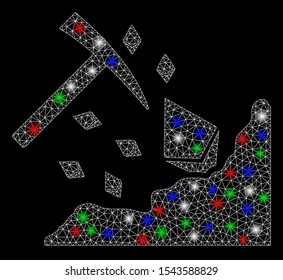 Bright mesh Ethereum mining hammer with glare effect. White wire frame polygonal mesh in vector format on a black background. Abstract 2d mesh designed with triangular lines, round dots,