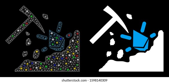 Bright mesh Ethereum mining hammer icon with sparkle effect. Abstract illuminated model of Ethereum mining hammer. Shiny wire frame polygonal mesh Ethereum mining hammer icon.