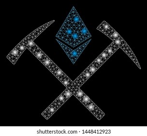 Bright mesh Ethereum mining hammers with glare effect. Abstract illuminated model of Ethereum mining hammers icon. Shiny wire carcass triangular mesh Ethereum mining hammers.
