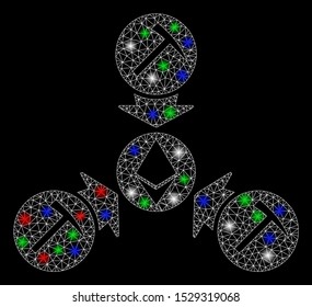 Bright mesh Ethereum mining pool with lightspot effect. White wire frame polygonal mesh in vector format on a black background. Abstract 2d mesh created from polygonal grid, points,