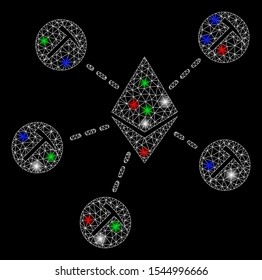 Bright mesh Ethereum mining pool with glare effect. White wire carcass triangular mesh in vector format on a black background. Abstract 2d mesh designed with triangular lines, round dots,