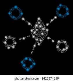 Bright mesh Ethereum network nodes with glare effect. Abstract illuminated model of Ethereum network nodes icon. Shiny wire frame polygonal mesh Ethereum network nodes.
