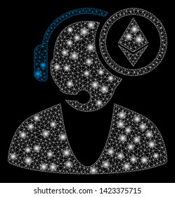 Bright mesh Ethereum operator with glare effect. Abstract illuminated model of Ethereum operator icon. Shiny wire carcass triangular mesh Ethereum operator. Vector abstraction on a black background.