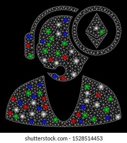 Bright mesh Ethereum operator with glare effect. White wire carcass triangular mesh in vector format on a black background. Abstract 2d mesh designed with triangular lines, spheric points,