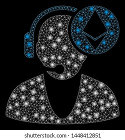 Bright mesh Ethereum operator with glow effect. Abstract illuminated model of Ethereum operator icon. Shiny wire frame triangular mesh Ethereum operator. Vector abstraction on a black background.