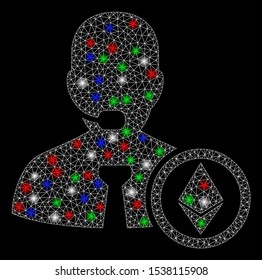 Bright mesh Ethereum operator manager with lightspot effect. White wire frame triangular mesh in vector format on a black background. Abstract 2d mesh designed with triangular lines, dots,