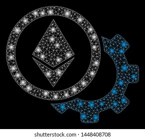 Bright mesh Ethereum options cogwheel with glare effect. Abstract illuminated model of Ethereum options cogwheel icon. Shiny wire frame polygonal mesh Ethereum options cogwheel.