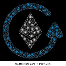 Bright mesh Ethereum refund with lightspot effect. Abstract illuminated model of Ethereum refund icon. Shiny wire carcass polygonal mesh Ethereum refund. Vector abstraction on a black background.