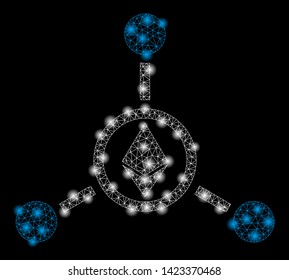Bright mesh Ethereum relations with glare effect. Abstract illuminated model of Ethereum relations icon. Shiny wire carcass triangular mesh Ethereum relations.