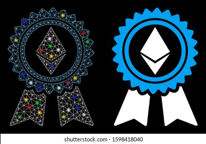 Bright mesh Ethereum reward medal icon with glow effect. Abstract illuminated model of Ethereum reward medal. Shiny wire carcass triangular network Ethereum reward medal icon.