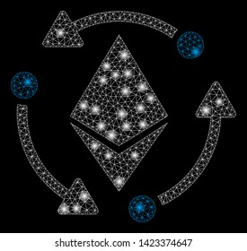 Bright mesh Ethereum rotation with glow effect. Abstract illuminated model of Ethereum rotation icon. Shiny wire frame triangular mesh Ethereum rotation. Vector abstraction on a black background.