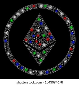 Bright mesh Ethereum rounded with glow effect. White wire frame triangular network in vector format on a black background. Abstract 2d mesh designed with triangular lines, points,