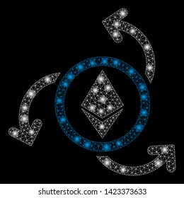 Bright mesh Ethereum source swirl with glare effect. Abstract illuminated model of Ethereum source swirl icon. Shiny wire carcass polygonal mesh Ethereum source swirl.