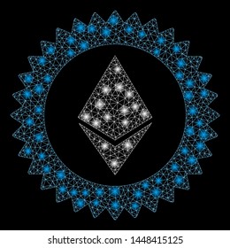 Bright mesh Ethereum stamp seal with lightspot effect. Abstract illuminated model of Ethereum stamp seal icon. Shiny wire frame polygonal mesh Ethereum stamp seal.