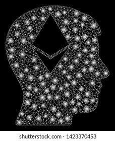 Bright mesh Ethereum thinking head with glare effect. Abstract illuminated model of Ethereum thinking head icon. Shiny wire carcass triangular mesh Ethereum thinking head.