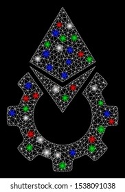 Bright mesh Ethereum tools gear with glow effect. White wire carcass triangular mesh in vector format on a black background. Abstract 2d mesh built from triangular lines, small circle,