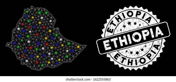 Bright mesh Ethiopia map with glare effect, and watermark. Wire frame polygonal Ethiopia map mesh in vector format on a black background. White round watermark with grunge surface.