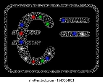 Bright mesh Euro account card with lightspot effect. White wire frame triangular mesh in vector format on a black background. Abstract 2d mesh designed with triangles, points, colored light spots.