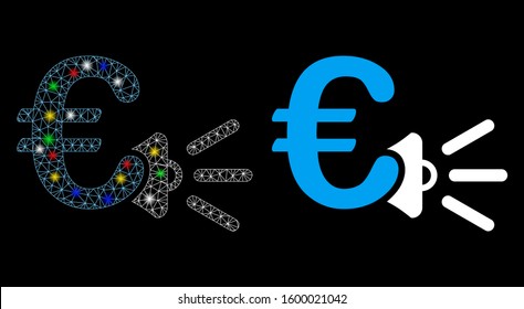 Bright mesh Euro ads megaphone icon with sparkle effect. Abstract illuminated model of Euro ads megaphone. Shiny wire frame triangular mesh Euro ads megaphone icon.