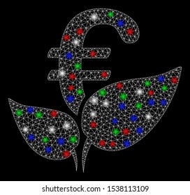 Bright mesh Euro agriculture startup with glare effect. White wire carcass polygonal mesh in vector format on a black background. Abstract 2d mesh designed with polygonal grid, points,