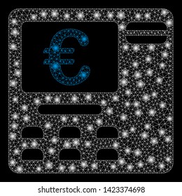 Bright mesh Euro ATM with lightspot effect. Abstract illuminated model of Euro ATM icon. Shiny wire frame triangular mesh Euro ATM. Vector abstraction on a black background.