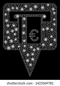 Bright mesh Euro ATM pointer with glare effect. Abstract illuminated model of Euro ATM pointer icon. Shiny wire carcass polygonal mesh Euro ATM pointer. Vector abstraction on a black background.