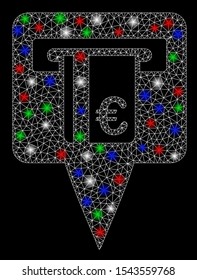 Bright mesh Euro ATM pointer with glare effect. White wire carcass polygonal mesh in vector format on a black background. Abstract 2d mesh designed with triangles, points, colorful flash spots.