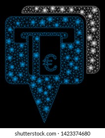 Bright mesh Euro ATM pointers with glare effect. Abstract illuminated model of Euro ATM pointers icon. Shiny wire frame polygonal mesh Euro ATM pointers. Vector abstraction on a black background.