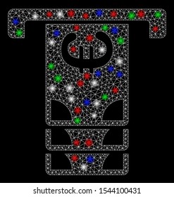 Bright mesh Euro ATM withdraw with glow effect. White wire carcass polygonal mesh in vector format on a black background. Abstract 2d mesh designed with polygonal grid, spheric points,