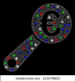 Bright mesh Euro audit with glow effect. White wire carcass polygonal mesh in vector format on a black background. Abstract 2d mesh created from polygonal grid, round dots, colored flash spots.