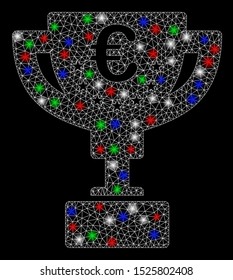 Bright mesh Euro award cup with glare effect. White wire carcass triangular mesh in vector format on a black background. Abstract 2d mesh designed with triangular lines, spheric points,