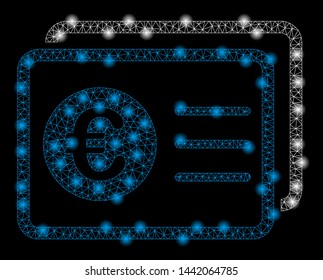 Bright mesh euro bank accounts with glare effect. Abstract illuminated model of euro bank accounts icon.