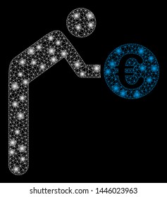 Bright mesh euro banker with glow effect. Abstract illuminated model of euro banker icon. Shiny wire frame polygonal mesh euro banker abstraction in vector format on a black background.