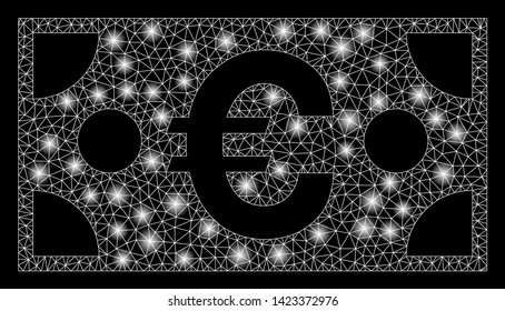 Bright mesh Euro banknote with glare effect. Abstract illuminated model of Euro banknote icon. Shiny wire frame polygonal mesh Euro banknote. Vector abstraction on a black background.