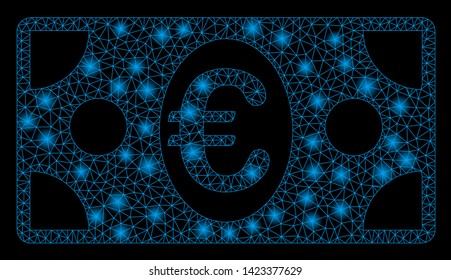 Bright mesh Euro banknote with glare effect. Abstract illuminated model of Euro banknote icon. Shiny wire frame polygonal mesh Euro banknote. Vector abstraction on a black background.