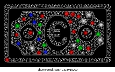 Bright mesh Euro banknote with glare effect. White wire frame polygonal mesh in vector format on a black background. Abstract 2d mesh designed with polygonal grid, round dots, colored glare spots.