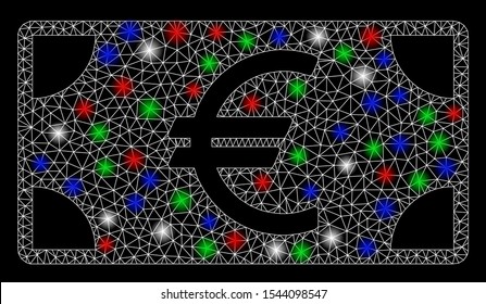 Bright mesh Euro banknote with glare effect. White wire carcass triangular mesh in vector format on a black background. Abstract 2d mesh designed with triangles, dots, colorful flare spots.