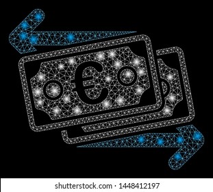 Bright mesh Euro banknotes change with lightspot effect. Abstract illuminated model of Euro banknotes change icon. Shiny wire frame triangular mesh Euro banknotes change.