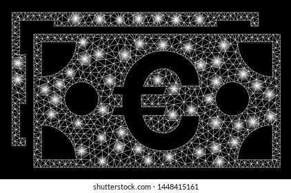 Bright mesh Euro banknotes with glare effect. Abstract illuminated model of Euro banknotes icon. Shiny wire frame polygonal mesh Euro banknotes. Vector abstraction on a black background.