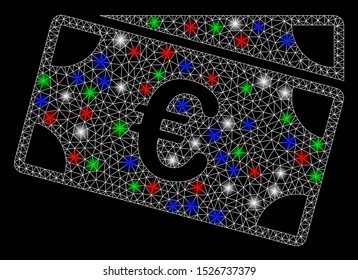 Bright mesh Euro banknotes with glare effect. White wire frame triangular mesh in vector format on a black background. Abstract 2d mesh created from triangular lines, round dots, colorful flare spots.