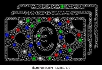 Bright mesh Euro banknotes with glare effect. White wire frame triangular mesh in vector format on a black background. Abstract 2d mesh built from triangles, small circle, colored glare spots.
