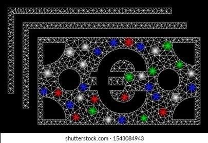 Bright mesh Euro banknotes with glare effect. White wire frame polygonal mesh in vector format on a black background. Abstract 2d mesh designed with triangular lines, spheric points,