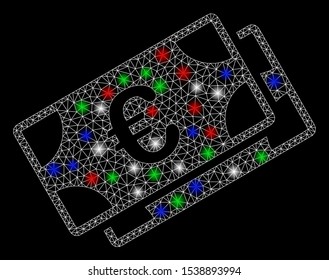 Bright mesh Euro banknotes with glow effect. White wire carcass triangular mesh in vector format on a black background. Abstract 2d mesh designed with triangular lines, points, colorful glare spots.