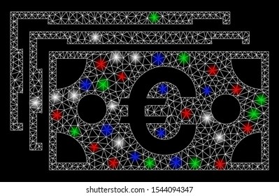 Bright mesh Euro banknotes with lightspot effect. White wire frame triangular mesh in vector format on a black background. Abstract 2d mesh designed with triangular lines, dots, colorful glare spots.