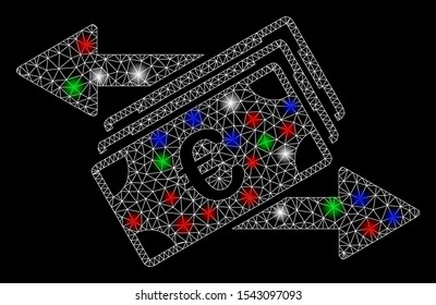 Bright mesh Euro banknotes transfers with glow effect. White wire frame polygonal network in vector format on a black background. Abstract 2d mesh designed with polygonal grid, spheric points,