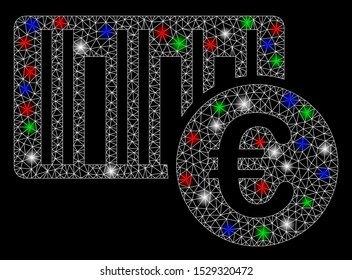 Bright mesh Euro bar code price with glare effect. White wire carcass triangular network in vector format on a black background. Abstract 2d mesh designed with triangular lines, small circle,