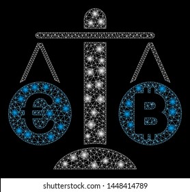 Bright mesh Euro Bitcoin balance weight with glare effect. Abstract illuminated model of Euro Bitcoin balance weight icon. Shiny wire carcass triangular mesh Euro Bitcoin balance weight.